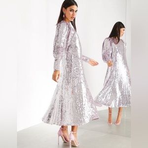 ASOS EDITION BLOUSON SLEEVE SEQUIN MIDI DRESS IN LILAC